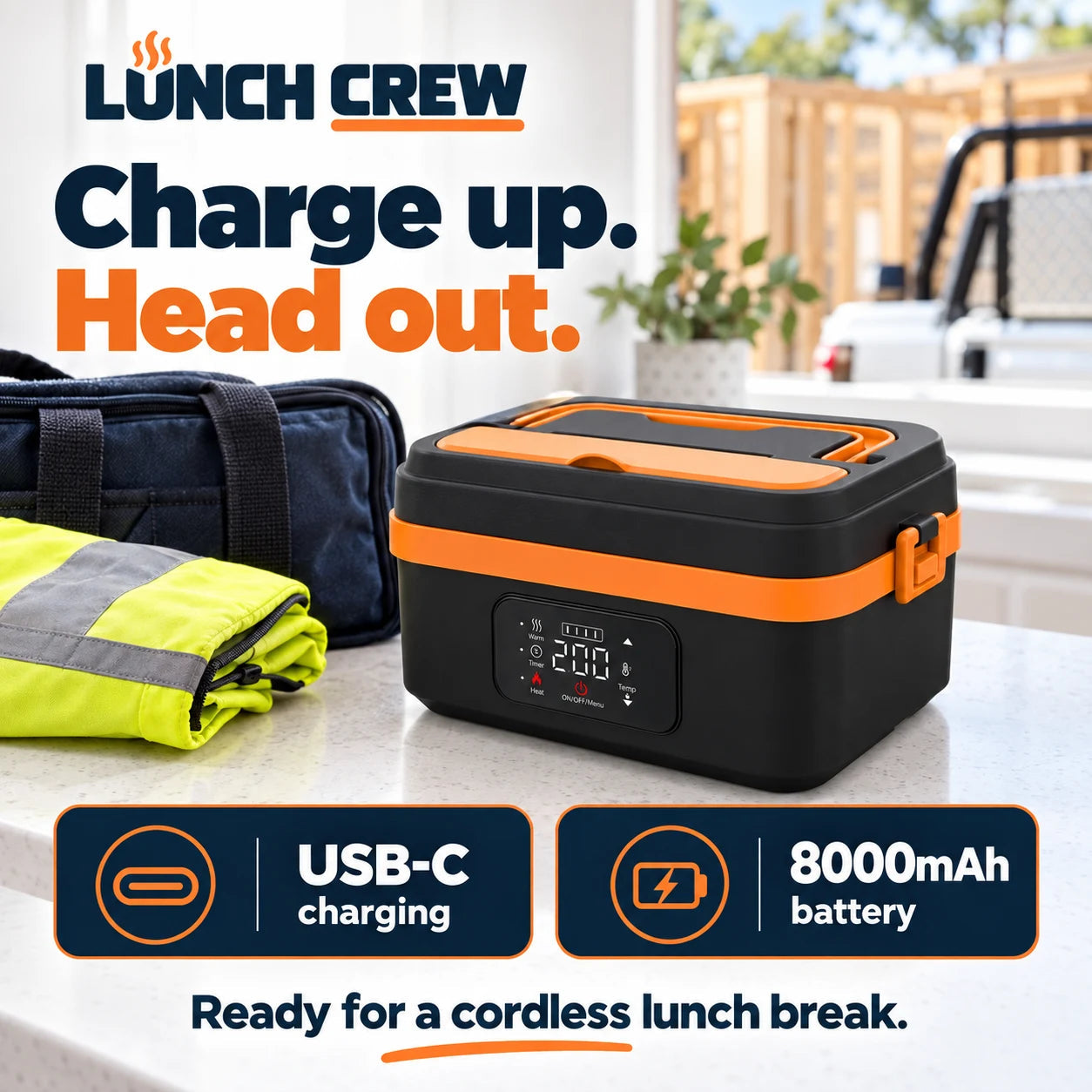 Lunch Crew USB-C charging and 8000mAh battery