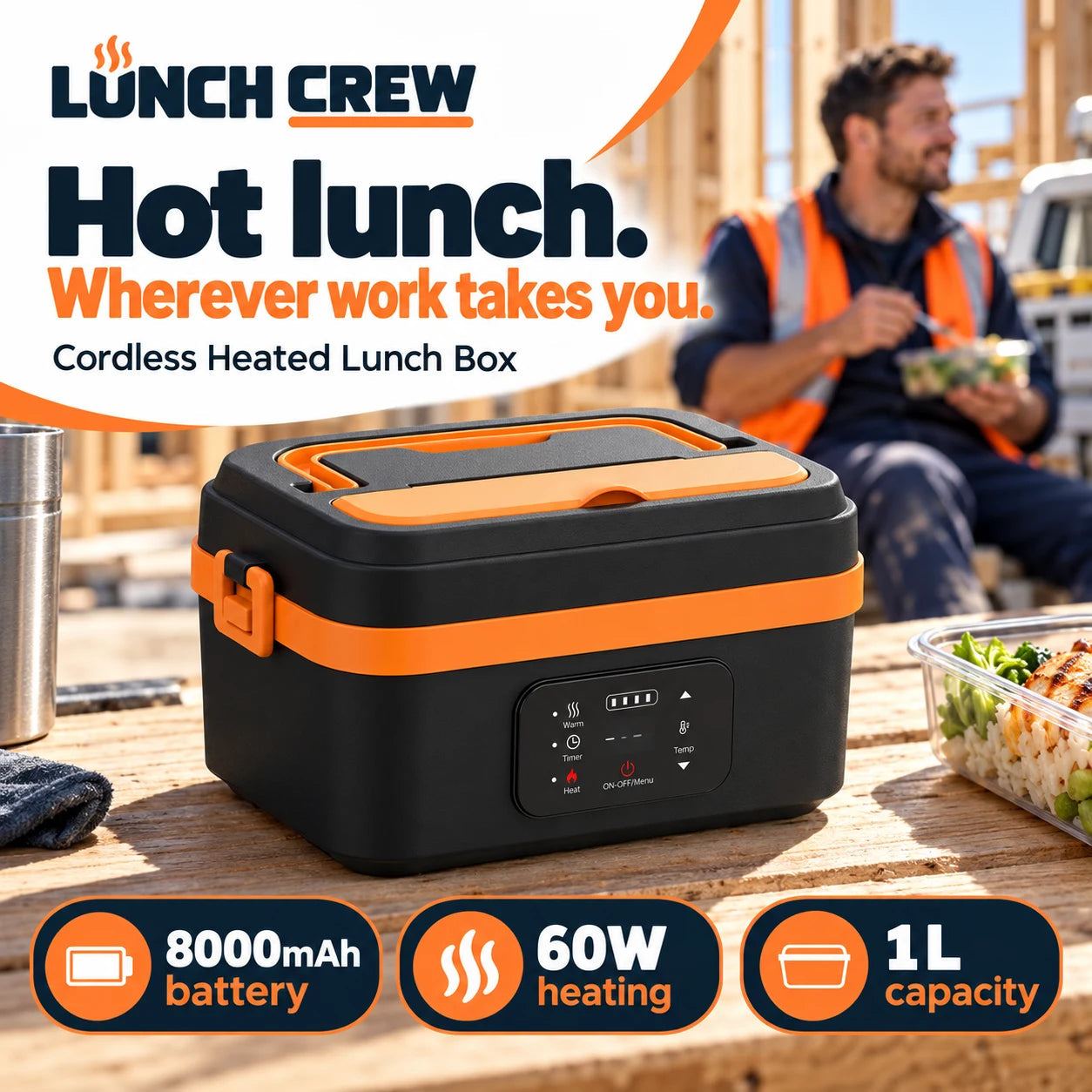 Lunch Crew cordless heated lunchbox on a building site