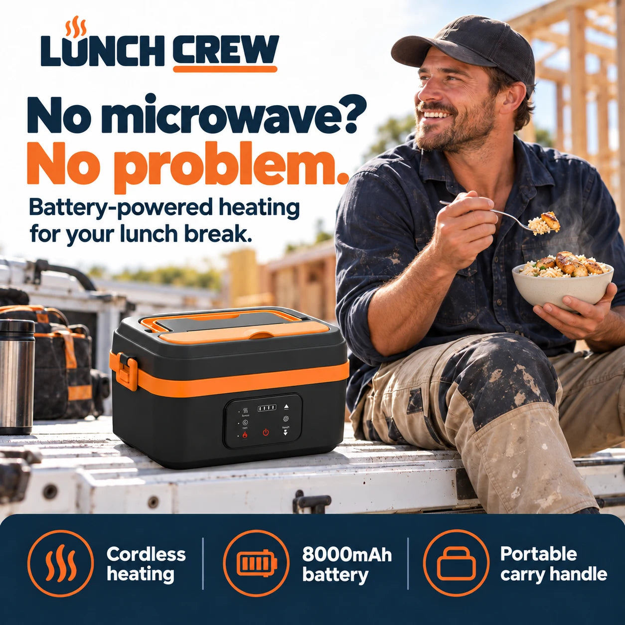 Tradesman enjoying lunch from the cordless Lunch Crew lunchbox