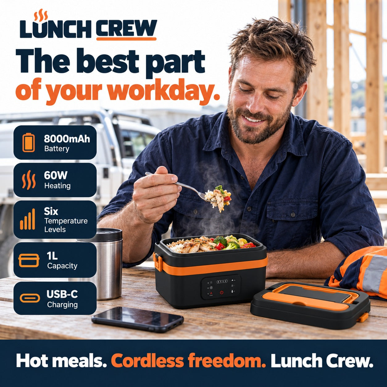 A tradesman enjoying a hot Lunch Crew meal